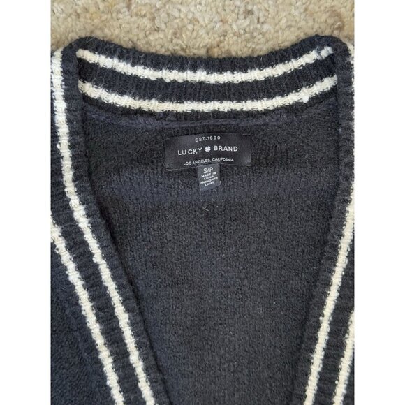 LUCKY BRAND Black Varsity-stripe Sweater Long Cardigan Coat Vneck Pockets SMALL - Picture 4 of 9